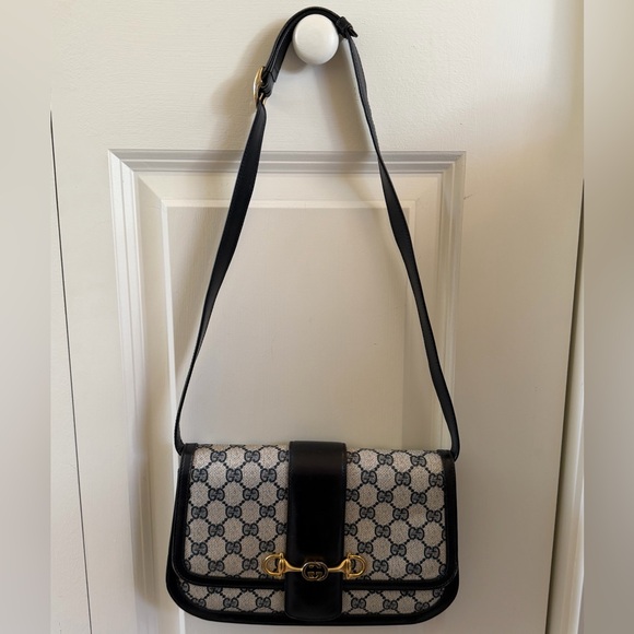 Vintage Gucci Shoulder Bag w Horsebit detail Navy and Gold - Picture 3 of 10